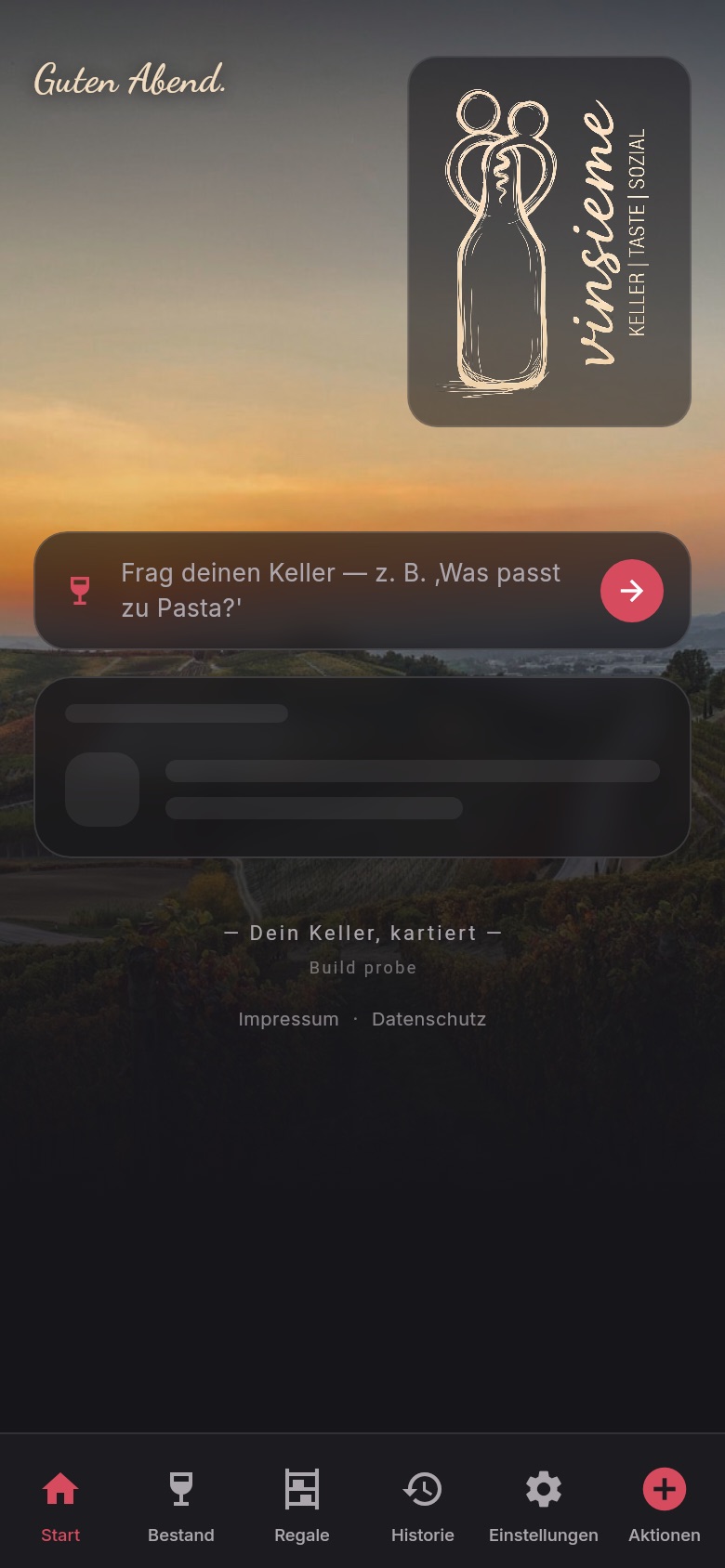 Startseite von Vinsieme mit Flaschenzahl, trinkreifen Weinen und der Empfehlung des Tages