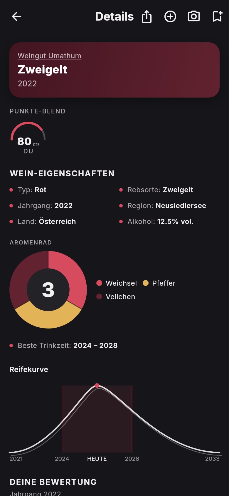 Weindetailseite in Vinsieme mit Aromenrad, Trinkfenster und Reifekurve